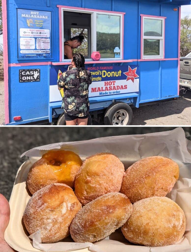 duo picture. top picture of manuela blue food truck with someone ordering from the window. bottom picture of a box of 6 malasadas