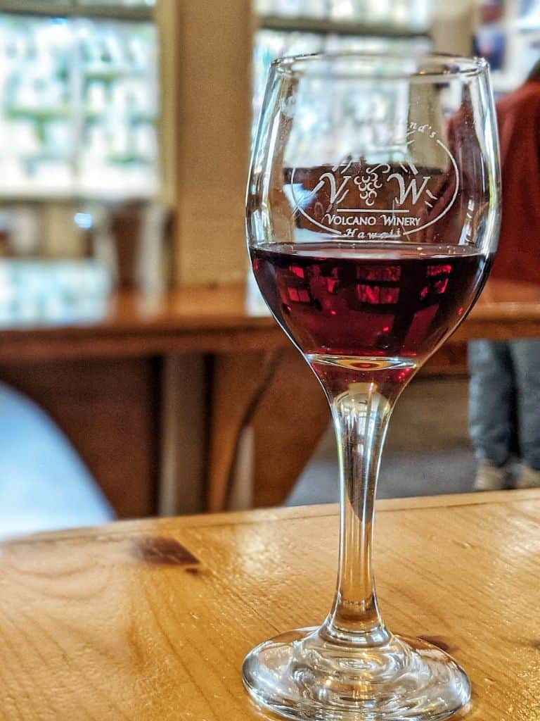 glass of red Wine at a wine tasting at Volcano Winery
