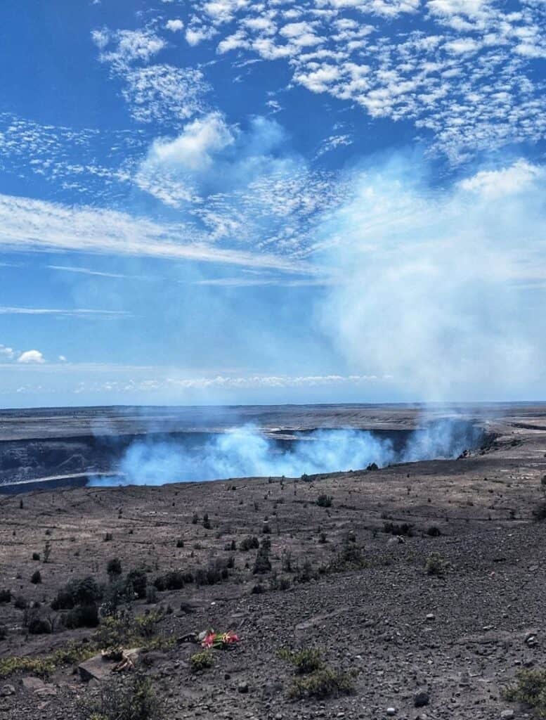 View of Kilauea Crater at Uekahuna Overlook, steam rising from the crater