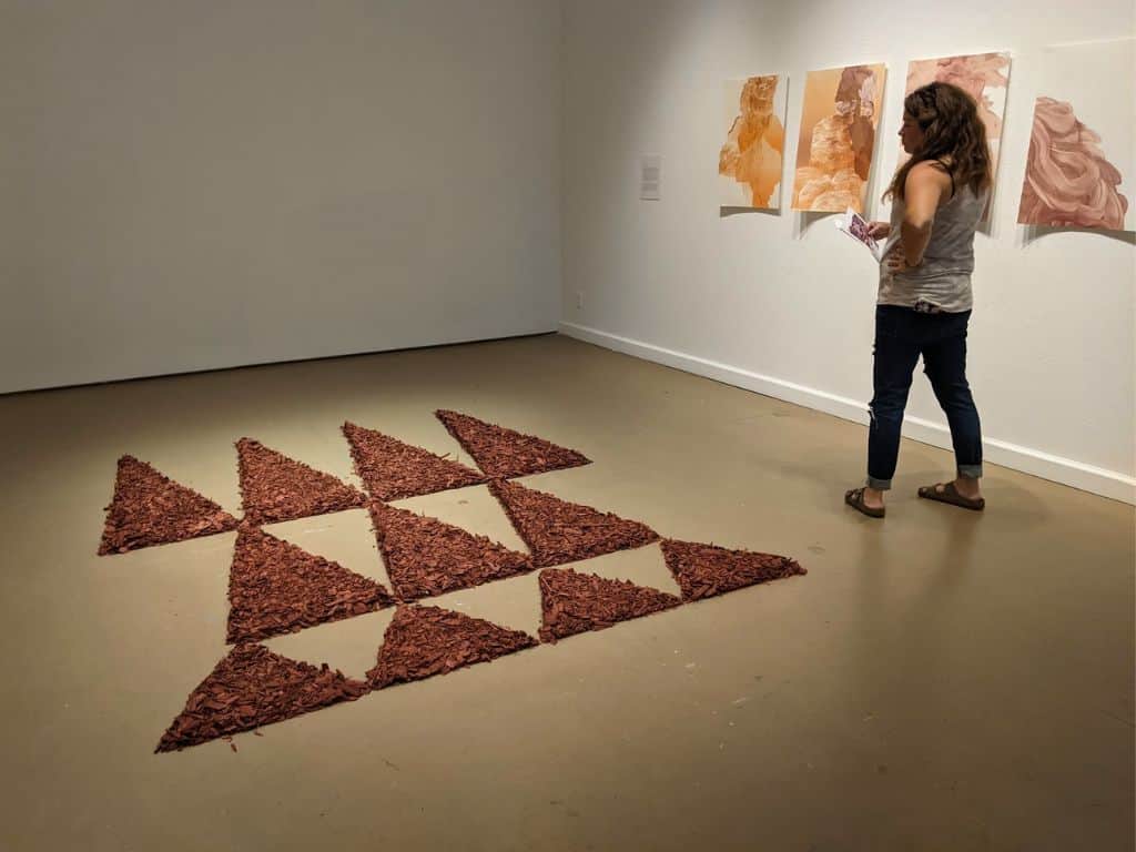 Abstract art display at the East Hawai’i Cultural Center with woman observing