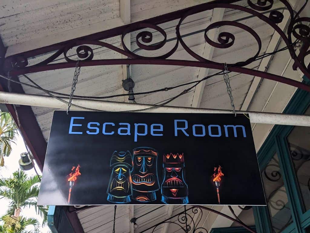 Sign for Escape Hilo above the pedestrian walkways in Old Downtown Hilo