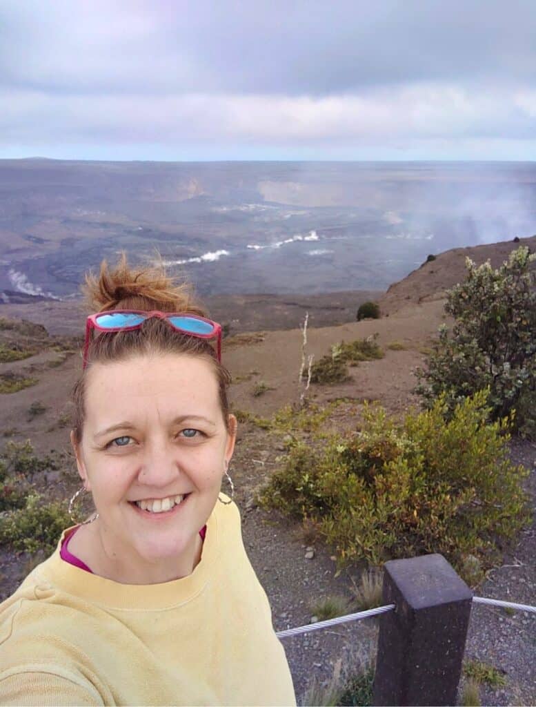 selfie of Me at Uekahuna Overlook with the crater steaming