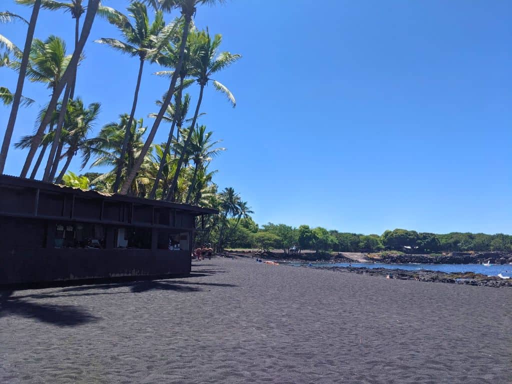 Punalu'u Black Sand Beach with shack and palm trees