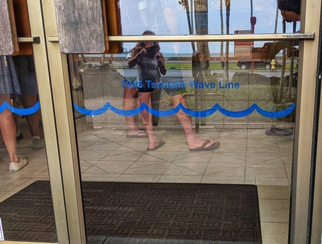 Glass door with blue wave graphic and text reading "1946 Tsunami Wave Line" showing the historical water level in Hilo Hawaii with reflections of people standing nearby. This marker highlights the impact of past tsunamis and is an educational stop for those exploring things to do in Hilo Hawaii.