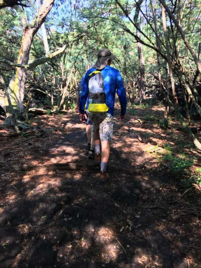 back of a hiker in Shady section of the Captain Cook Monument Trail covered by trees