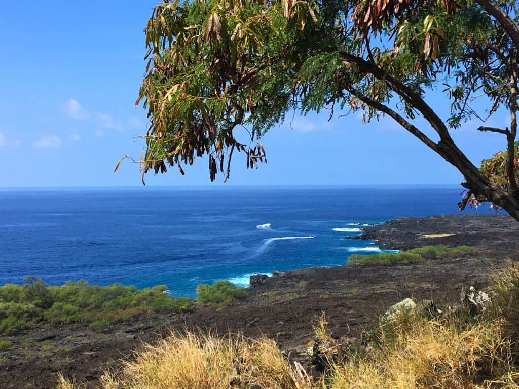 Exposed section of the Captain Cook Monument Trail with lava field and blue ocean