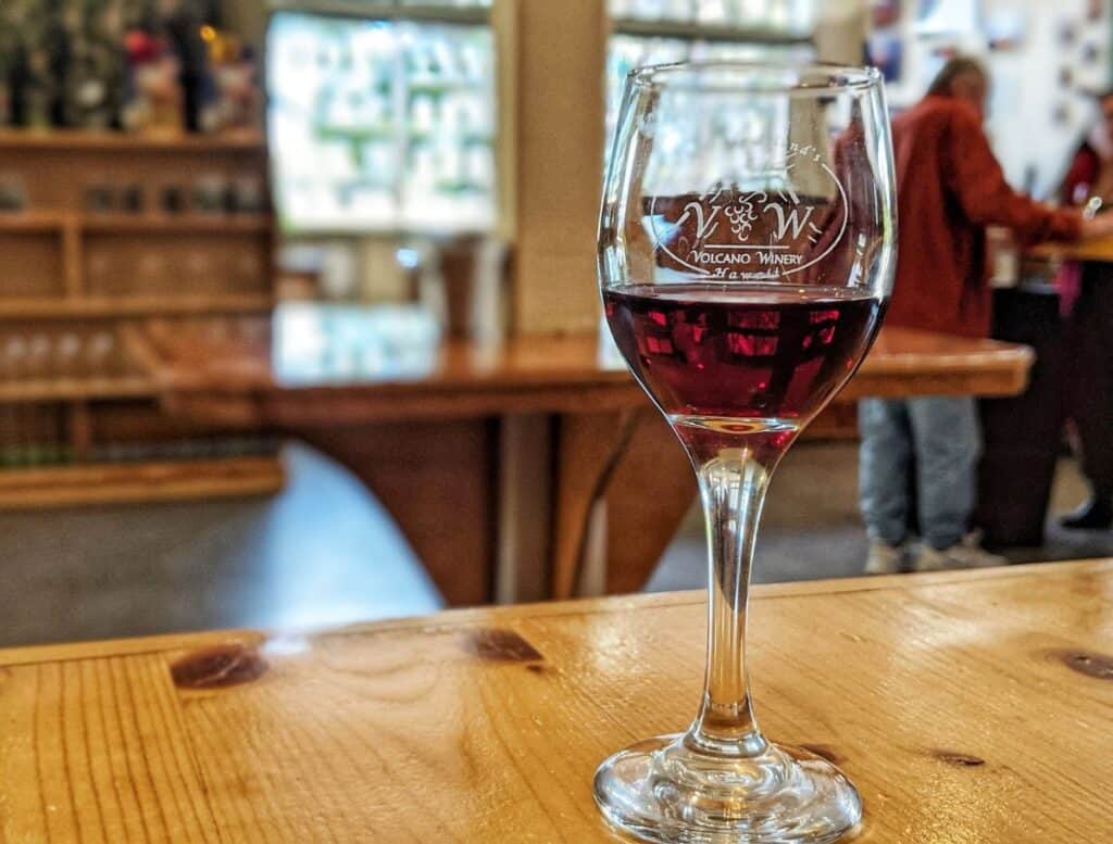 Volcano Winery red wine sample in clear wine glass