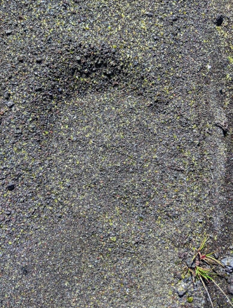 Green olivine crystals, green sand, in the gravel of the airstrip