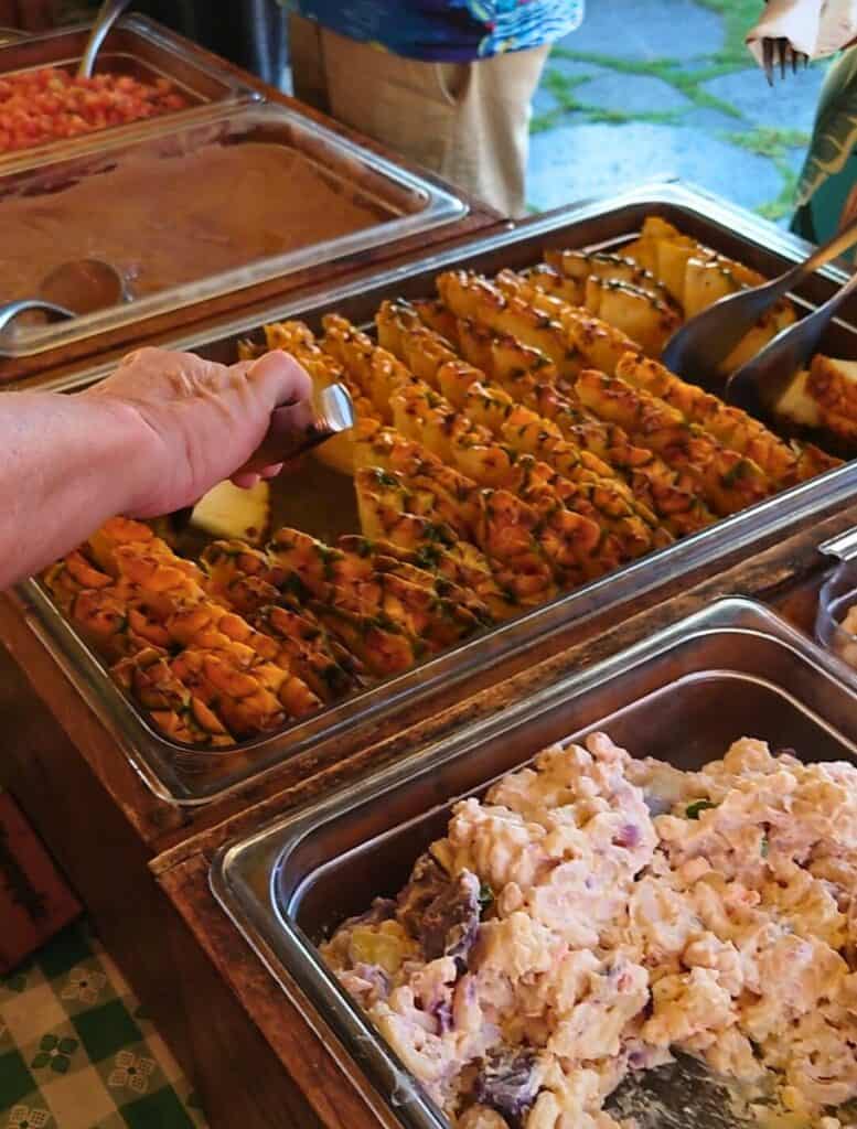 Mac salad, pineapple, and poi at the buffet