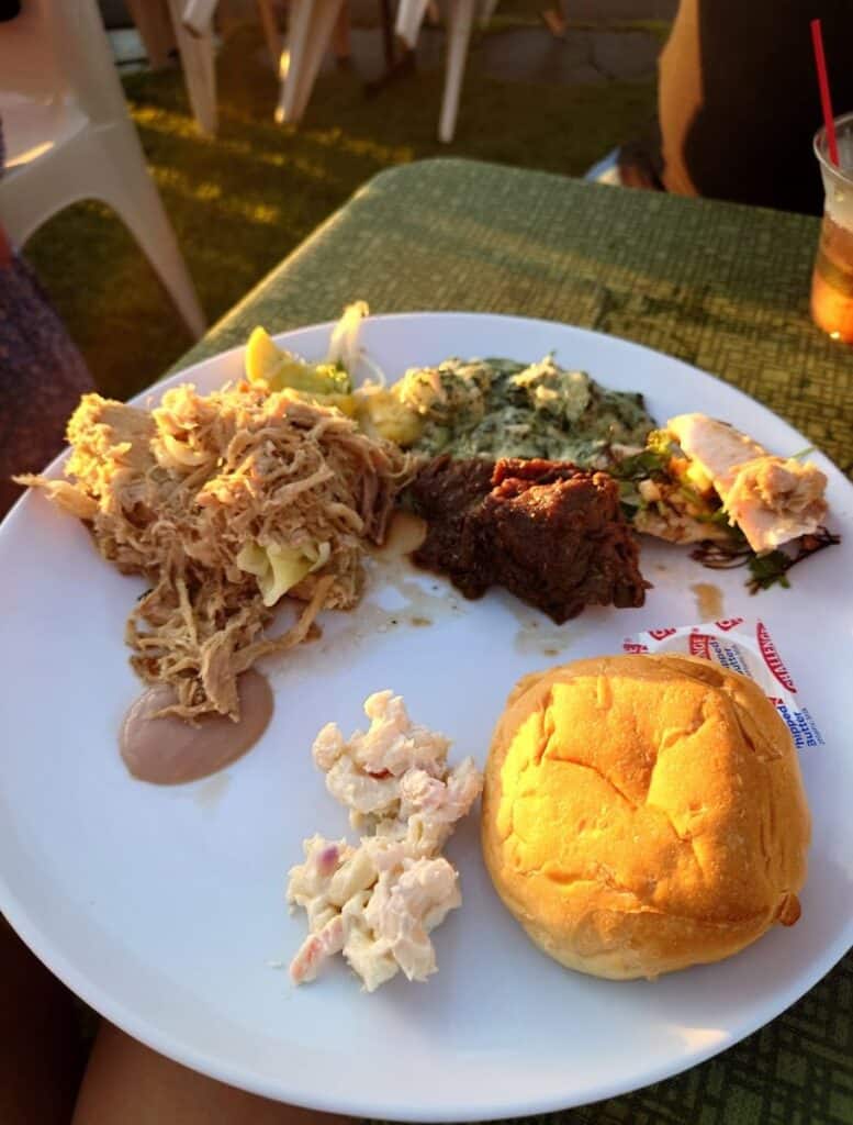 my dinner plate with roll, mac salad, and meats