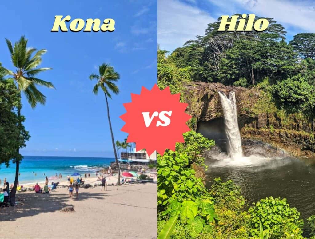 kona vs hilo with split screen of white sand beach and rainbow falls
