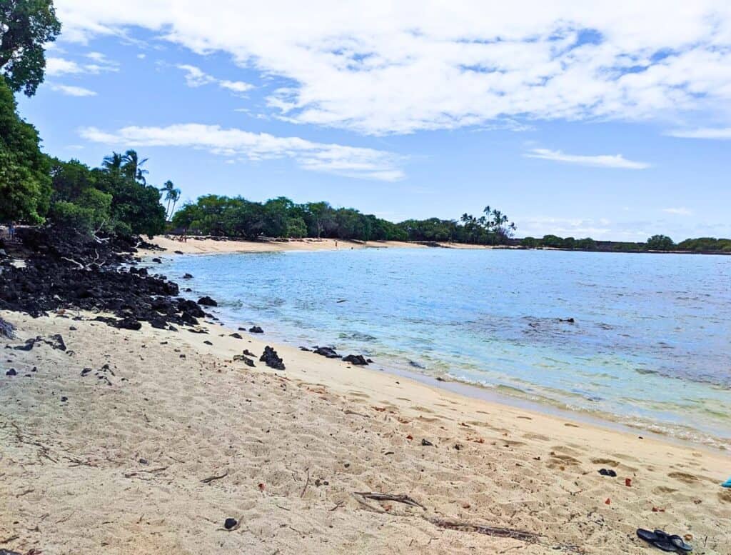 white sand with nature debris and black lava rocks at Kekaha Kai State Beach