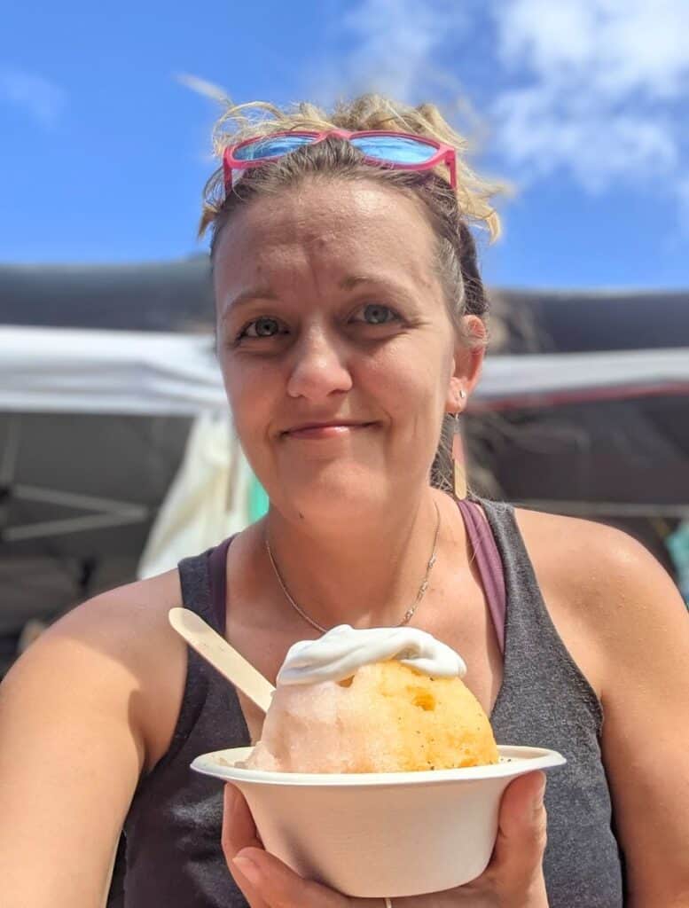 selfie of Me with a bowl of Kula Shave Ice topped with haupia cream