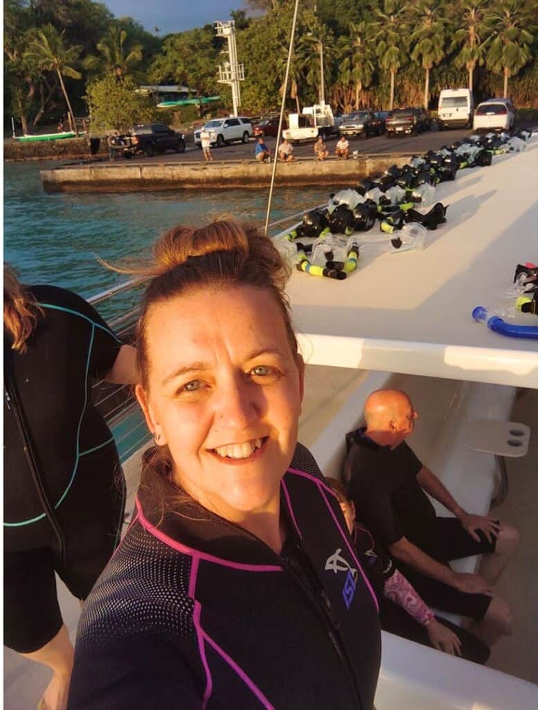 selfie of me with Snorkel gear laid out on the boat before crew members passed them out