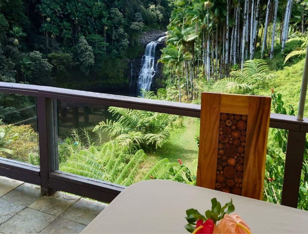 Waterfall view from restaurant at Inn at Kulaniapia Falls
