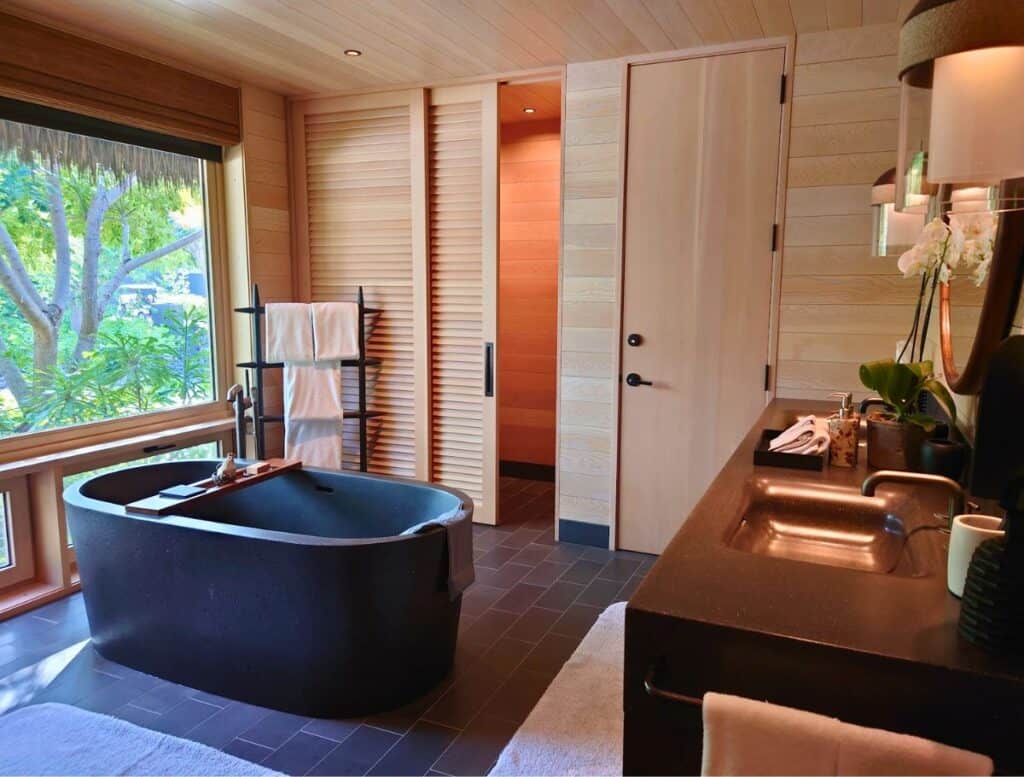Garden View Hale bathroom with freestanding stone tub