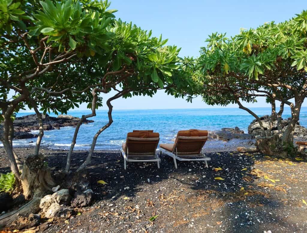 two lounge chairs in shade looking at ocean