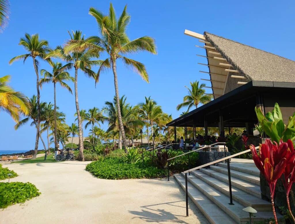 a building with palm trees and a walkway