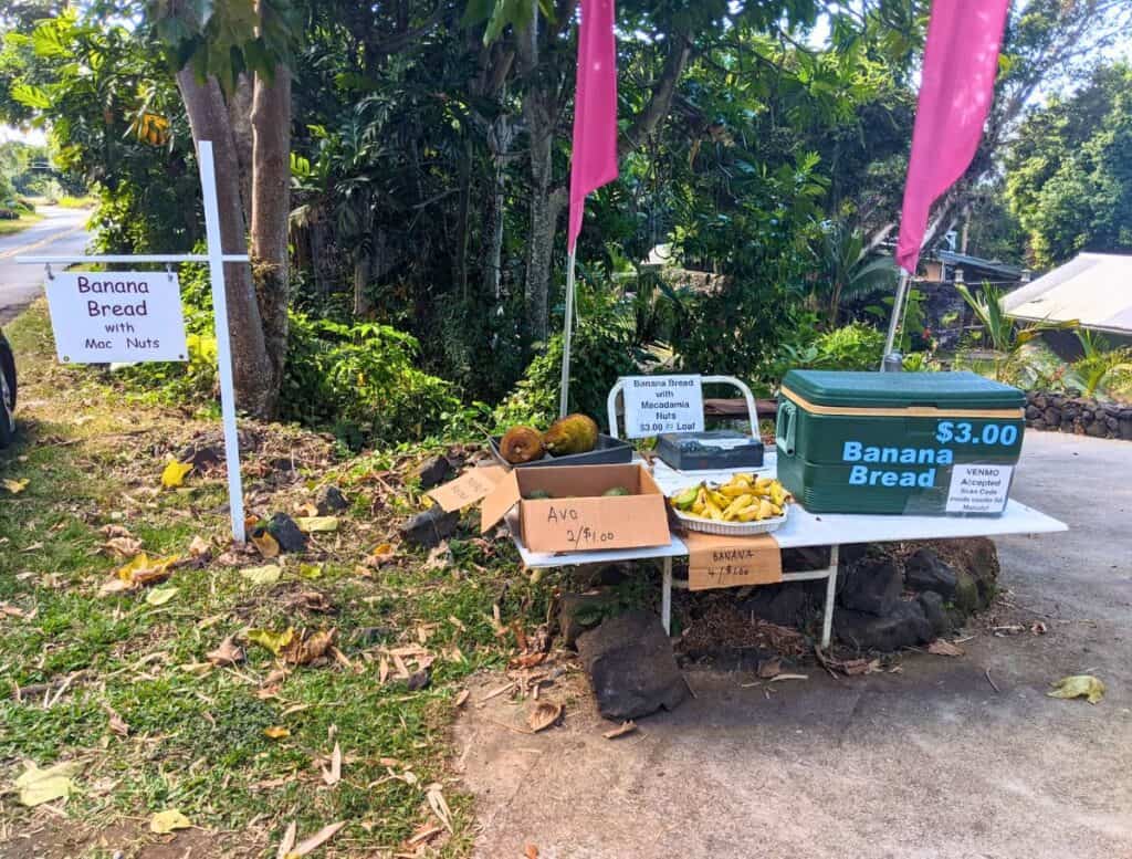Cheap roadside fruit stand with avocados, bananas and banana bread