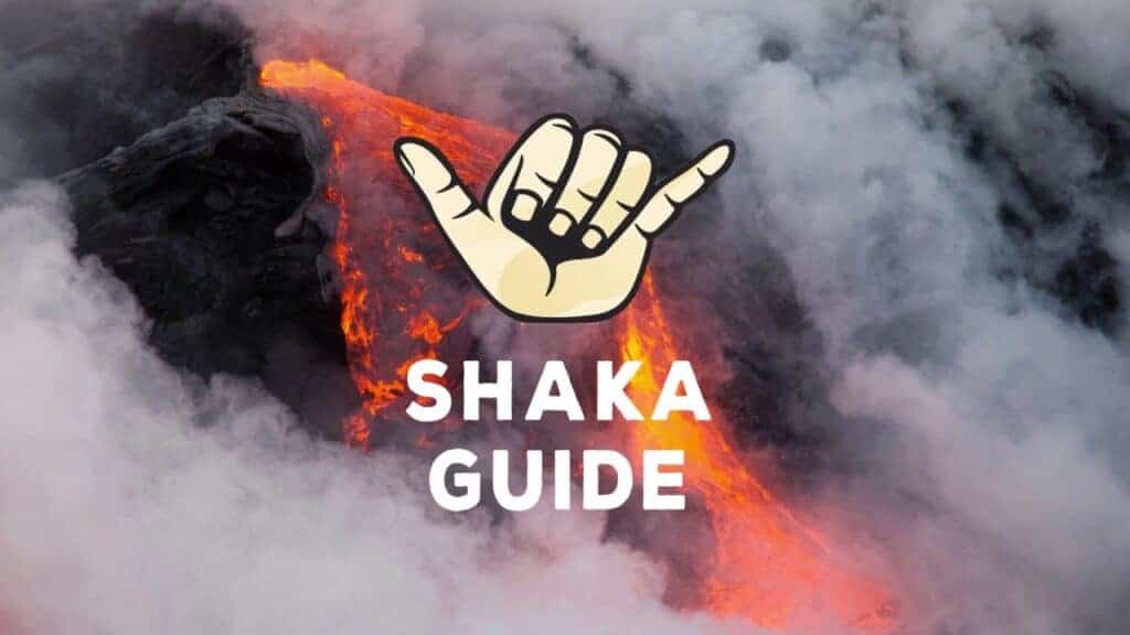 shaka guide logo (shaka hand) on top of picture of flowing lava