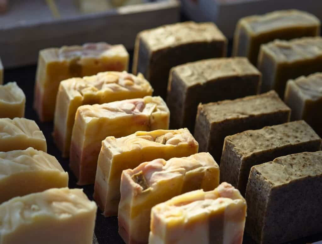row of natural soaps with sunlight shining on them