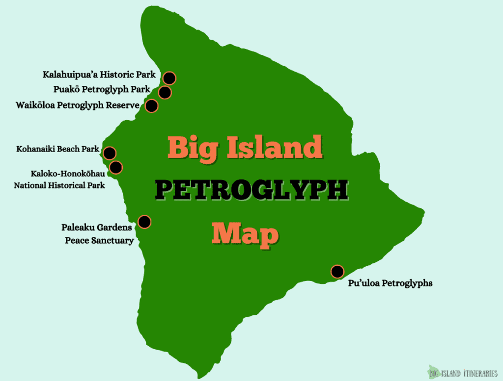 best petroglyphs on the Big Island map with parks labeled with black and orange dots