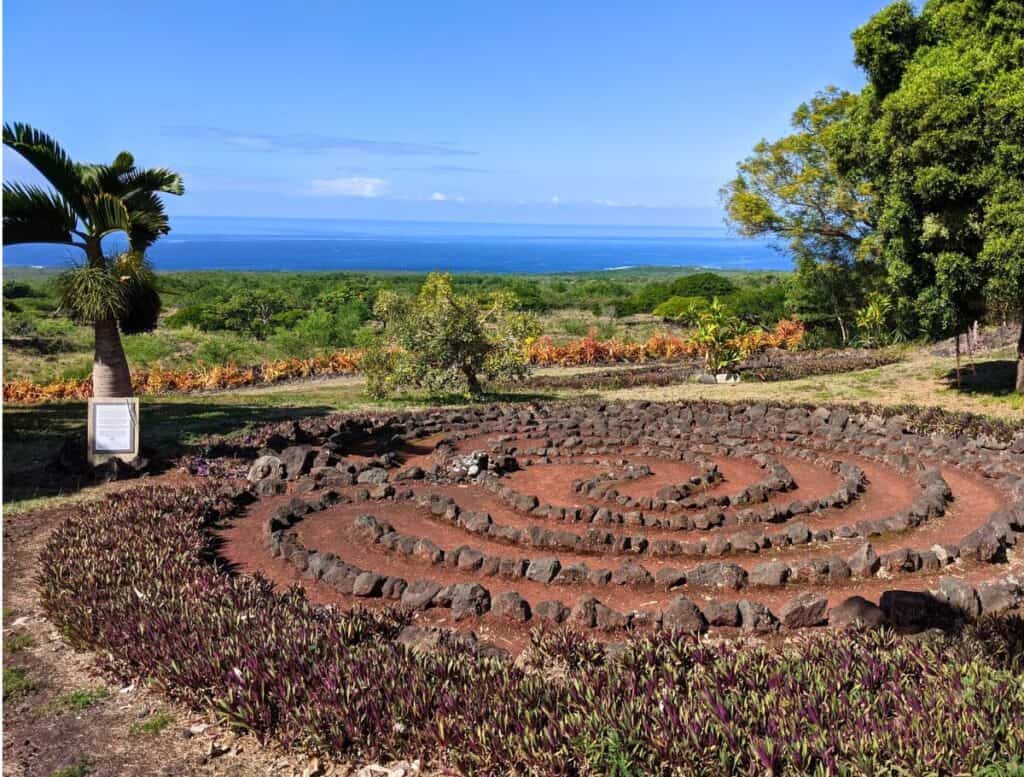 rock Prayer circle at Paleaku Gardens Peace Sanctuary with ocean view
