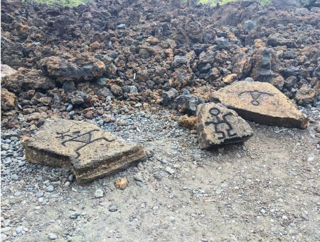 Fake petroglyphs at Puako Petroglyph Park trailhead