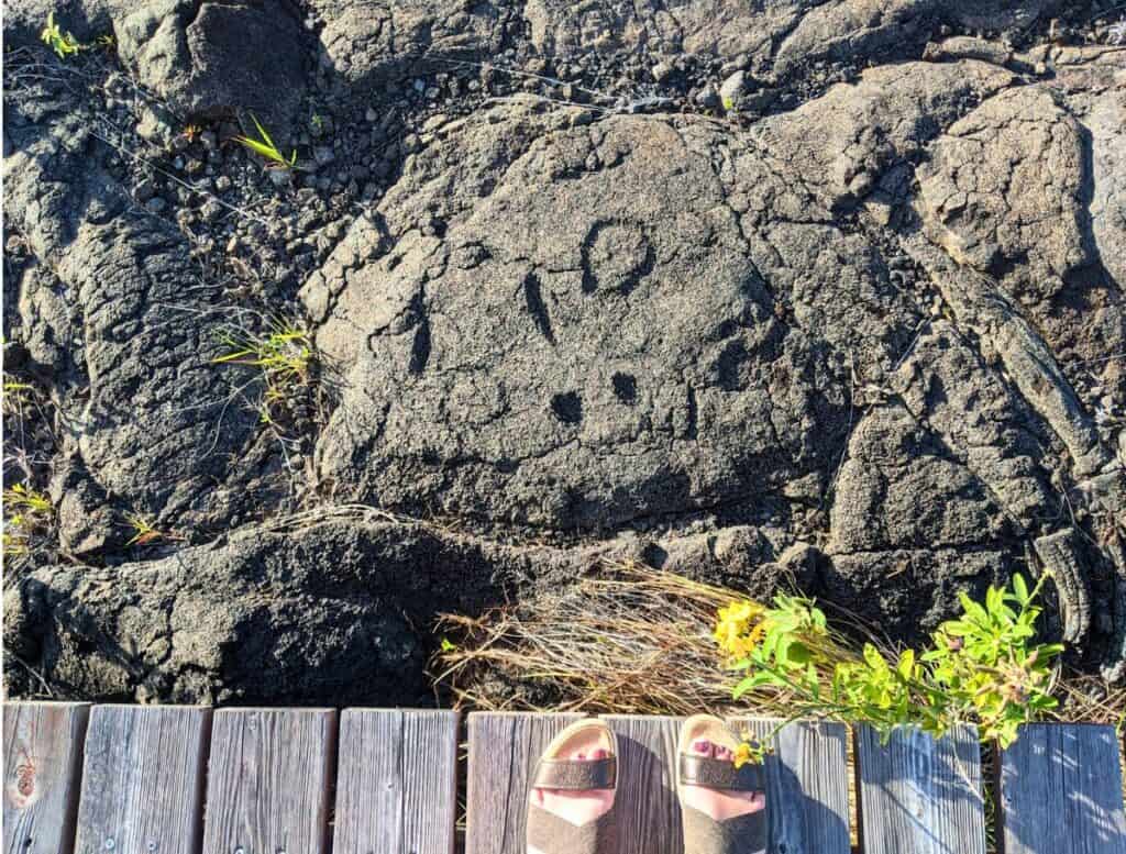 Close up view of petroglyphs from the Pu’u Loa Petroglyph boardwalk with my sandle feet on the boardwalk for reference