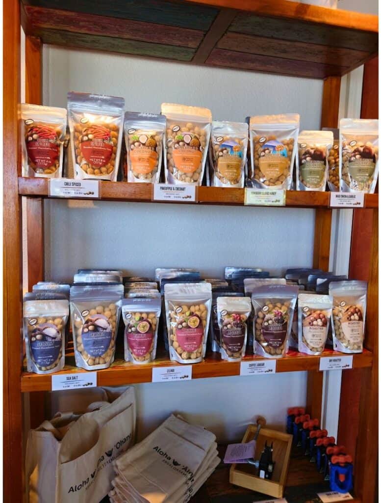 shelves of Alualoa Family Farm macadamia nuts