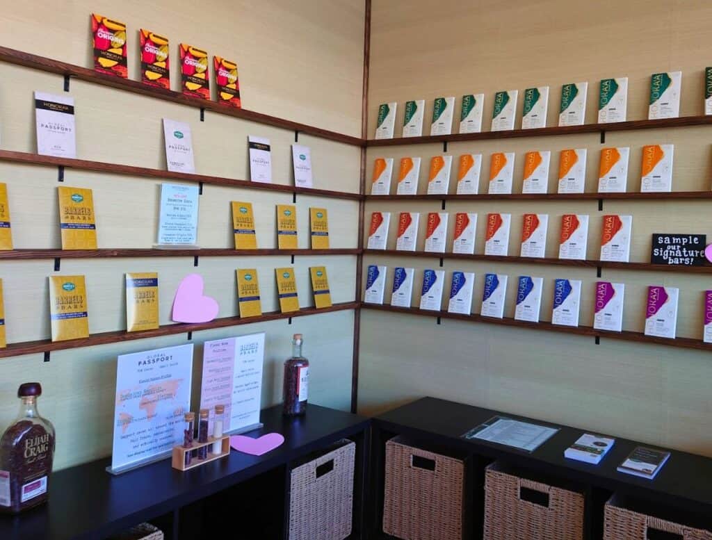 Wall of Honoka'a Chocolate bars in various colors lined neatly in single rows