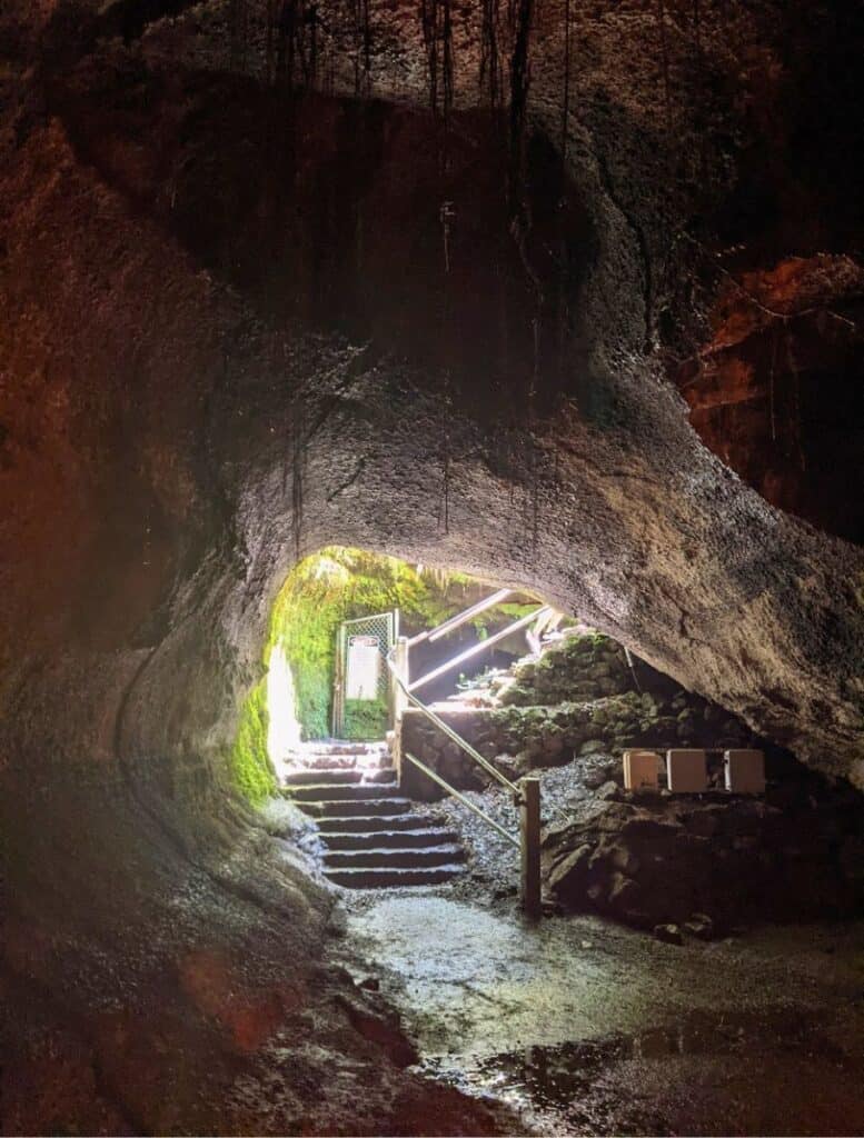 thurston lava tube's exit framed by a natural archway, with stairs leading up to the daylight and lush greenery outside.