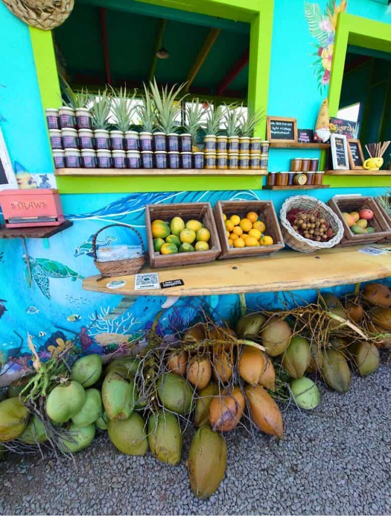 Fruits for sale at windows of Waipio Fruit Stand