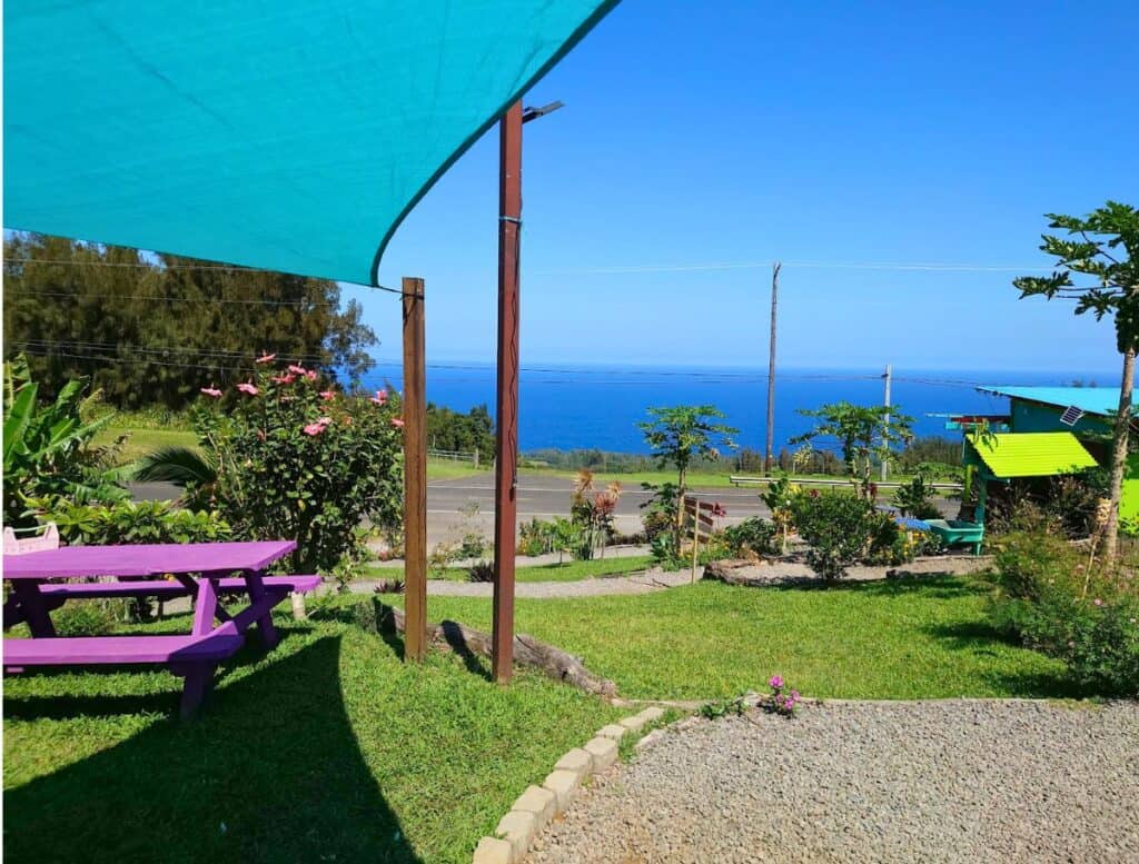 Ocean view from Waipio Fruit Stand purple picnic tables