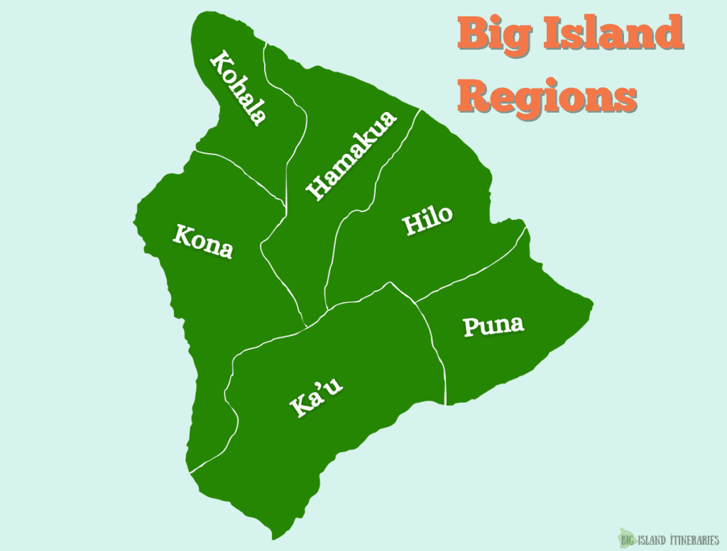 Map of the Big Island of Hawaii divided into regions labeled "Kohala", "Hamakua", "Hilo", "Puna", "Kaʻu", and "Kona". Title reads "Big Island Regions", showing the main areas travelers explore in a Big Island travel guide.