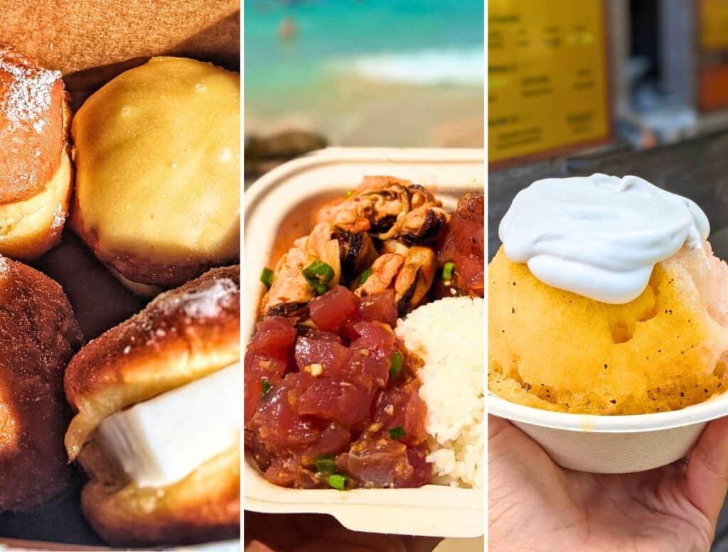 Three popular Hawaiian foods shown side by side including malasadas dusted with sugar, a poke bowl with raw fish and rice, and a bowl of shaved ice topped with white cream. These classic local dishes highlight the flavors visitors discover in a Big Island travel guide.