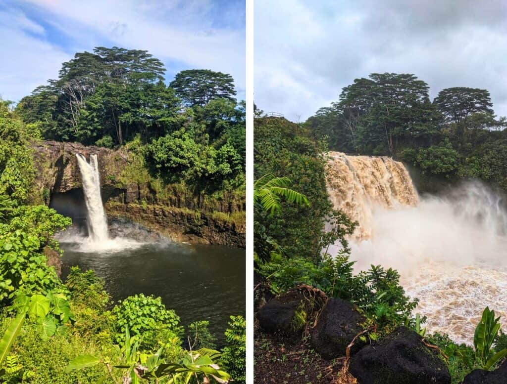 Side by side comparison of a tall tropical waterfall flowing into a calm pool and the same waterfall during heavy rain with powerful muddy water crashing over the cliff. Dense green jungle surrounds the falls, showing how conditions can change at waterfalls featured in a Big Island travel guide.